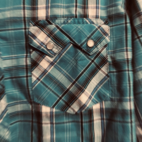 Wrangler mens large teal plaid Pearl Snap Western Shirt Long Sleeve Cowboy Rodeo - Picture 2 of 9